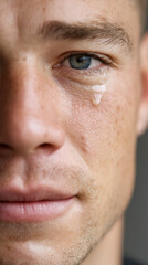 Fototapeta premium Close-up of young caucasian male with tearful eye expression