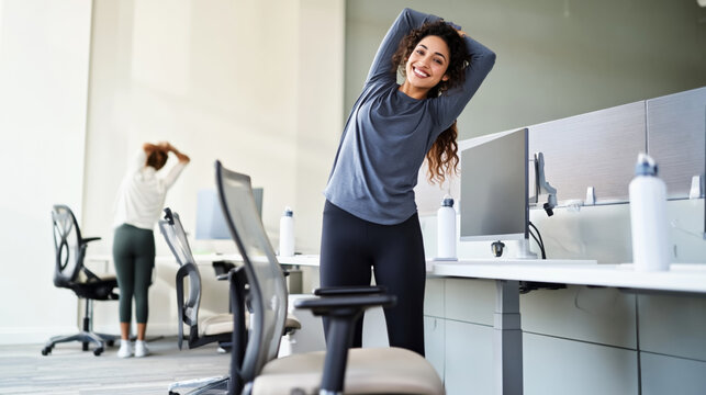 Young hispanic female stretching in office workspace for health and wellness
