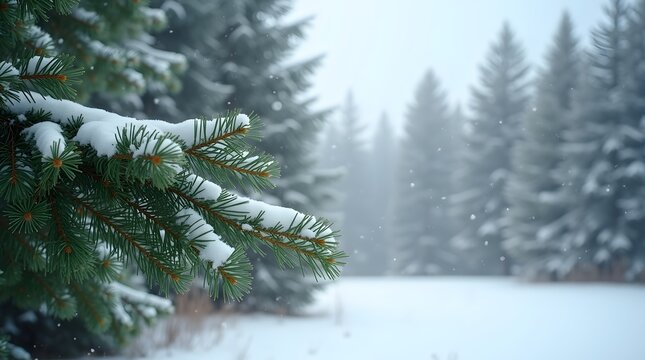 Serene winter landscape snowy pine branch on the first day of winter cold weather scene