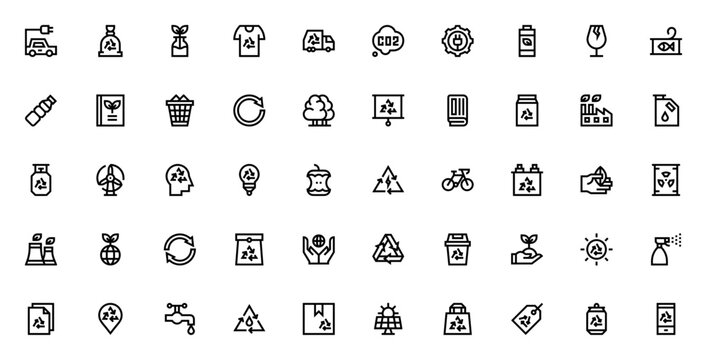 Recycling icon pack. Minimal vector icons set. Featuring electric car, garbage, reuse, truck, battery, glass, plastic bottle, waste, circular arrow, tree, factory, windmill, bulb, bicycle, planet, sol