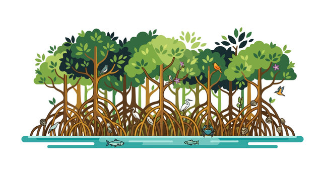 Mangrove Forest Ecosystem Illustration with Wildlife and Plants