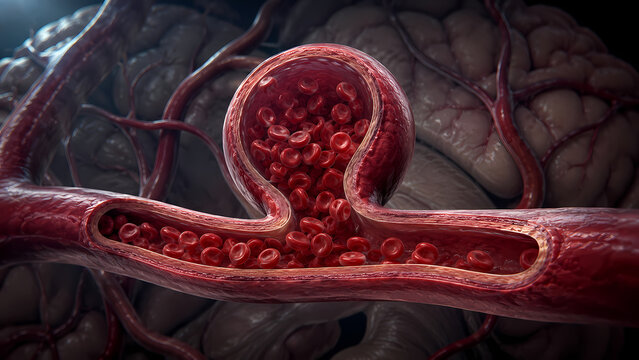 Close up medical illustration of an aneurysm ballooning out from a blood vessel wall filled with red blood cells