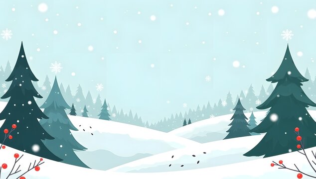 Peaceful winter landscape celebrating the first day of winter with snowfall and evergreen trees