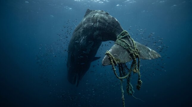 Whale entangled in ocean debris underwater highlighting marine pollution