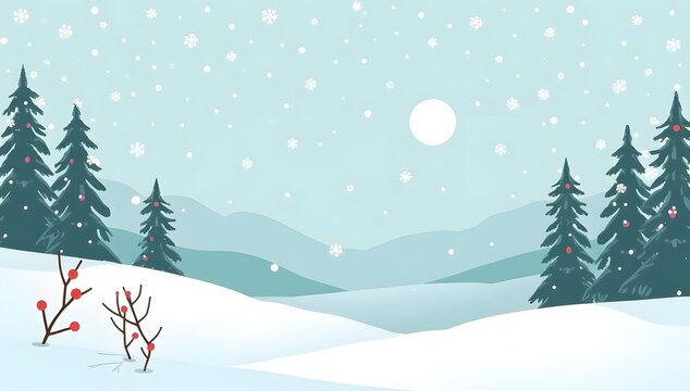 Peaceful winter solstice landscape celebrating the first day of winter with snowfall and evergreens