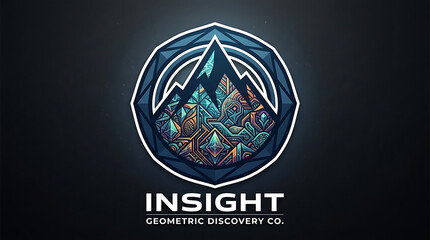 Obraz premium Geometric mountain logo design with intricate patterns inside a circular frame for a discovery company