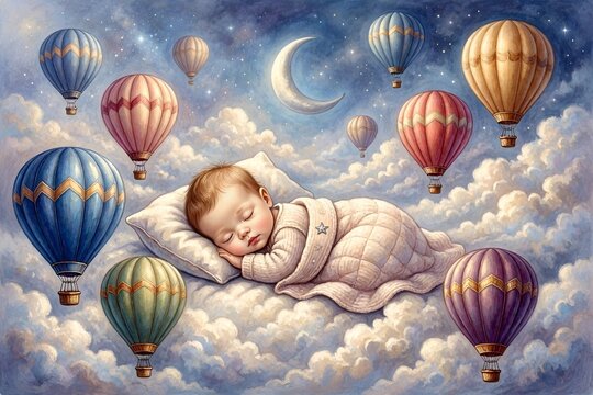 Baby sleeping on Fluffy Clouds Surrounded by Hot Air Balloons and a Crescent Moon. Whimsical Pastel Colored Dreamy Sky Adorned with a Crescent Moon and Stars. Nursery Wallpaper.  Jigsaw Puzzle.