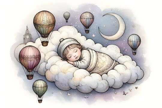 Baby sleeping on Fluffy Clouds Surrounded by Hot Air Balloons and a Crescent Moon. Whimsical Pastel Colored Dreamy Sky Adorned with a Crescent Moon and Stars. Nursery Wallpaper. Jigsaw Puzzle.