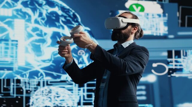 IT expert uses VR glasses beside an AI brain interface to examine data visualization, cybernetics and machine learning in an immersive business workflow.