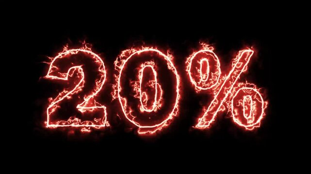 Animation of the number "20%" featuring a blazing fire effect and lightning flashes, designed for a discount offer, set against a black background.