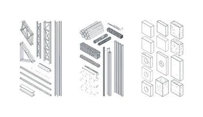 Obraz premium Isometric construction materials and structural steel beams collection for engineering plans