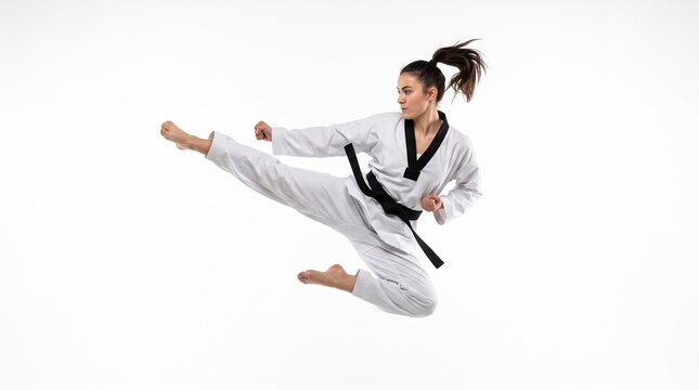 Young woman in white karate uniform performing a high flying kick with black belt against a white background
