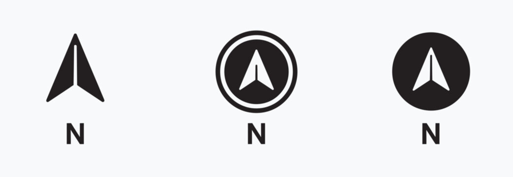 North arrow navigation icons set for maps and compass direction symbols in black vector design