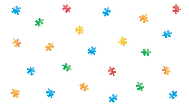 Bright jigsaw puzzle pieces scattered on white background representing teamwork and solutions