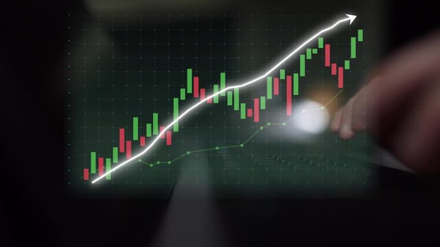 This image captures a digital stock market trend analysis with a rising graph and colorful candlestick chart, illustrating financial data insights in a modern workspace. Copula