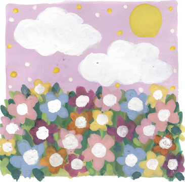 Flower Field Under Sunny Sky Painted Illustration