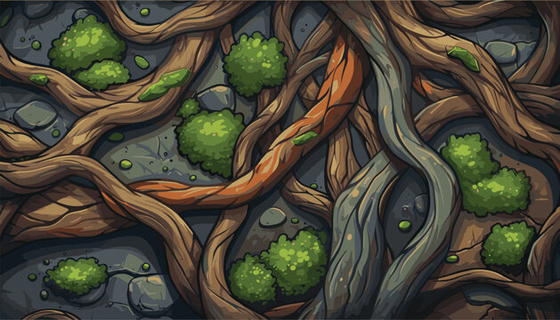 Fantasy tree roots and moss with stones, seamless nature pattern texture. Hand-drawn illustration of intertwined roots, green moss clusters
