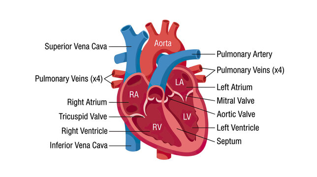Anatomical Illustration of Human Heart with Labels