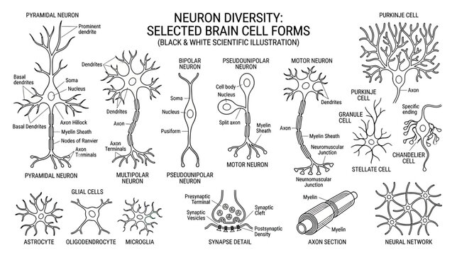 Brain Neuron Diversity: Selected Cell Forms Scientific Illustration
