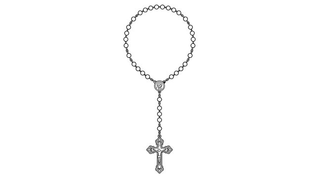 Minimalist religious rosary line art illustration with crucifix