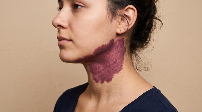Side view profile of woman with large purple port wine stain birthmark on neck