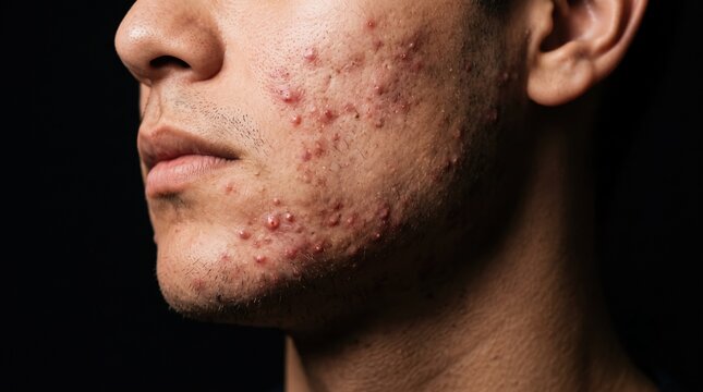 Close up of man cheek and jawline with severe inflamed acne vulgaris papules