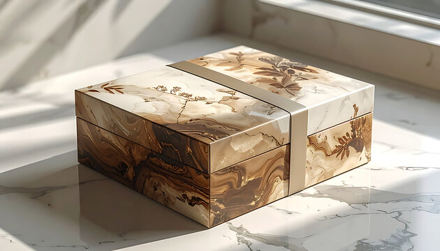 Decorative gift box with marble pattern and ribbon, natural light, suitable for present packaging and luxury goods
