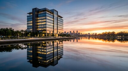 Fototapeta premium Modern Glass Office Building Reflecting in Calm Water at Sunrise.