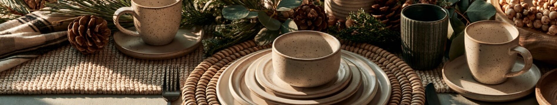 Rustic winter holiday table setting with speckled ceramic cups and stacked plates on woven chargers, pinecones, eucalyptus and warm natural light