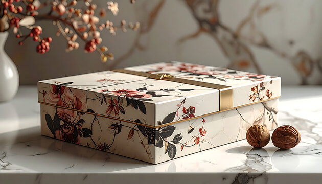 Elegant floral patterned gift box tied with a golden ribbon, set on a marble surface with bokeh background