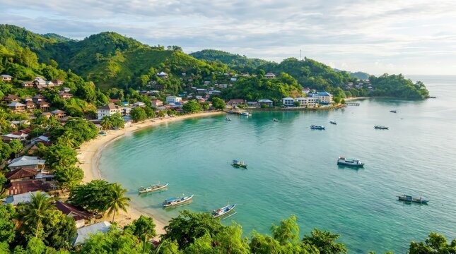 The stunning landscape of Jayapura Bay reveals a curved shoreline and lush green mountains where local boats float on turquoise water, creating a cinematic travel banner for tourism media.