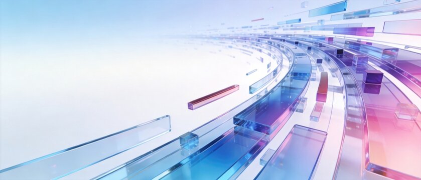 Abstract transparent glass panels with flowing digital layers on bright background, idea for data visualization, modern technology, and business innovation
