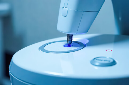 A high-tech laboratory analytical instrument in operation. A close-up view of a scientific device, possibly a spectrophotometer or an FTIR analyzer, performing precise chemical analysis or testing of