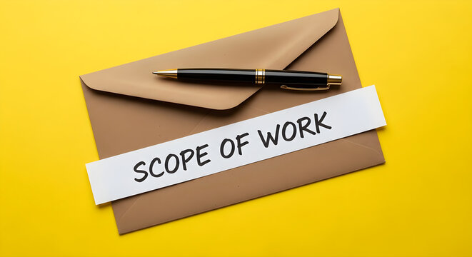 Brown envelope with scope of work note and pen on yellow background for business planning and organization purposes effectively