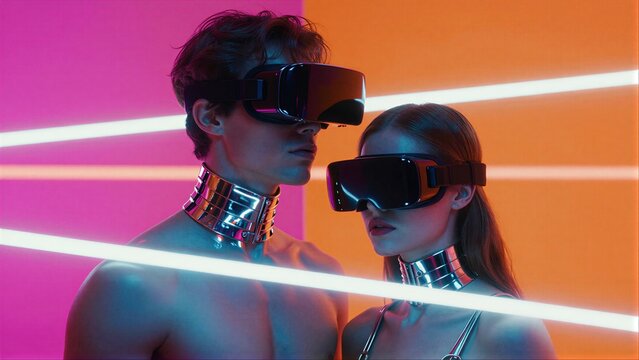 Futuristic lovers wear VR headsets and metallic neck collars under neon lights.