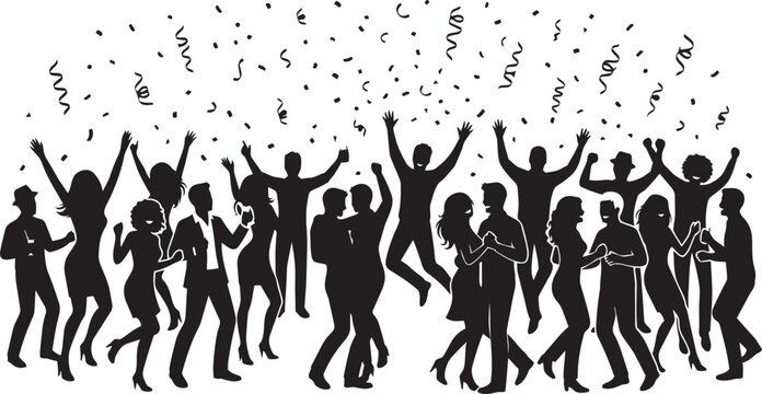 Happy crowd of people dancing and celebrating with confetti falling in a energetic black and white graphic vector style illustration