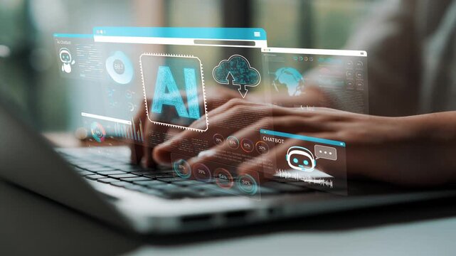 Person Using Laptop with Artificial Intelligence Interface and Digital Elements in Modern Workspace Environment Sigmoid