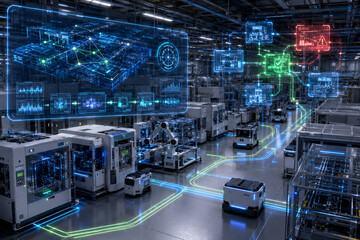 Fototapeta premium Autonomous AI Factory Self-Healing System with Digital Twin Recovery in a Semiconductor Smart Factory