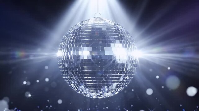 Sparkling disco ball rotating with bright light beams and soft bokeh background particles, perfect for party, celebration, nightclub, and music event themes.
