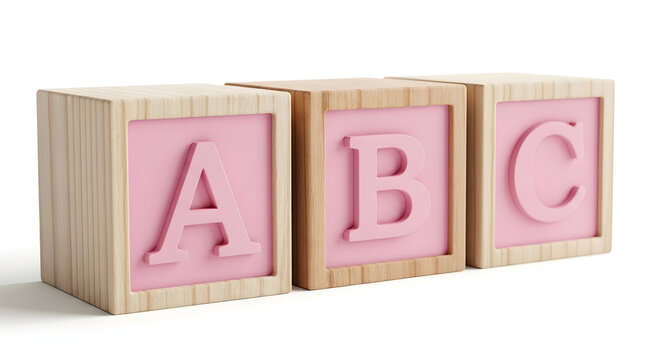 Three wooden alphabet blocks with pink letters A, B, C on a white background for learning and education purposes with a soft color scheme.