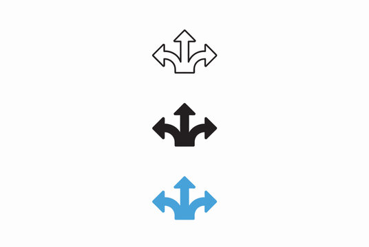 Three way arrow split icon set showing decision making and direction choices in vector format