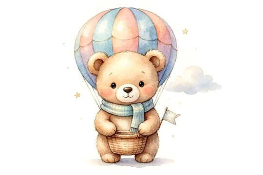 Isolated Watercolor Illustration of Cute Little Teddy Bear Character in Pink Blue Yellow Purple Hot Air Balloon & Cloud. Baby Nursery Decor Concept Greeting Card Stationary Posters Shower Invitations.