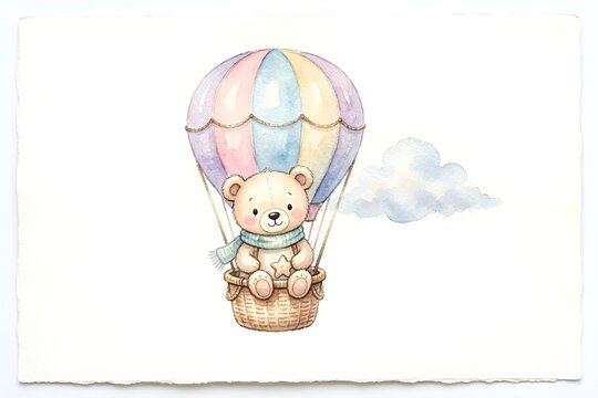 Isolated Watercolor Illustration of Cute Little Teddy Bear Character in Pink Blue Yellow Purple Hot Air Balloon & Cloud. Baby Nursery Decor Concept Greeting Card Stationary Posters Shower Invitations.