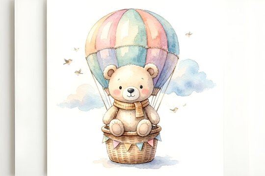 Isolated Watercolor Illustration of Cute Little Teddy Bear Character in Pink Blue Yellow Purple Hot Air Balloon & Cloud. Baby Nursery Decor Concept Greeting Card Stationary Posters Shower Invitations.