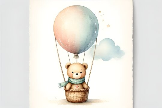 Isolated Watercolor Illustration of Cute Little Teddy Bear Character in Pink Blue Yellow Purple Hot Air Balloon & Cloud. Baby Nursery Decor Concept Greeting Card Stationary Posters Shower Invitations.