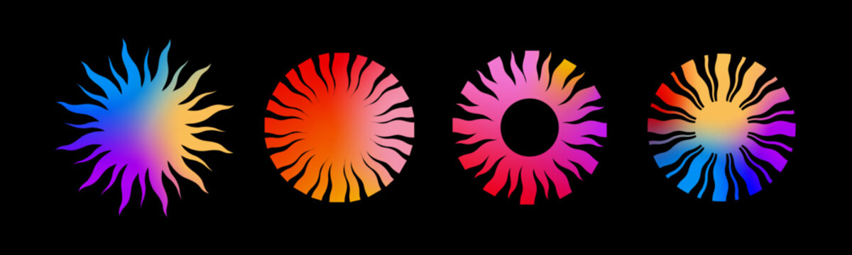Gradient Sun Rays Vector Graphic. Linear Color Circle Icons of Sunburst. Abstract Geometric Groovy Sun Illustration.