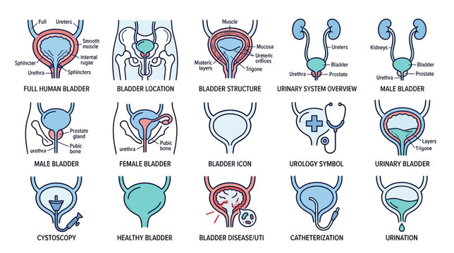 Human Urinary System Anatomy: Bladder, Kidneys, Urethra - Medical Icons