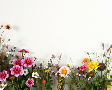 Prairie de fleurs sauvages color&eacute;es &eacute;panouies dans un jardin ensoleill&eacute;, composition florale naturelle aux teintes vives et joyeuses