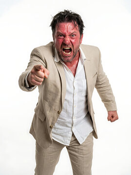 Furious Middle Aged Man Pointing Finger Isolated on White Studio Background