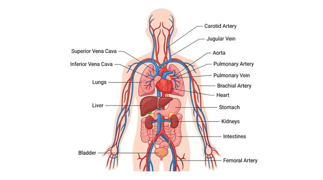 Human Circulatory System Diagram with Labeled Organs and Blood Vessels